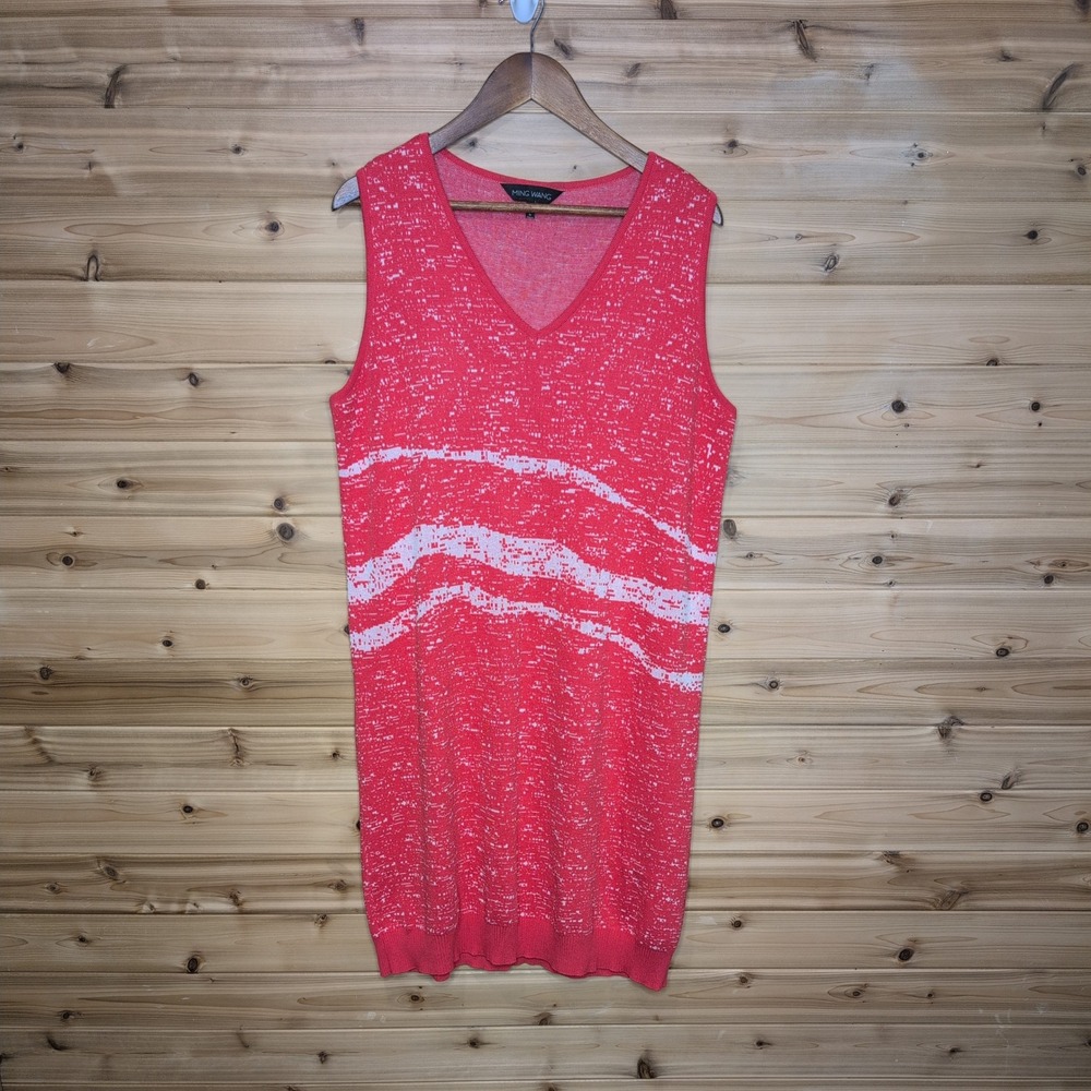 Ming Wang Womens Coral Pink White Abstract Wave V-Neck Knit Tunic Vest Size M